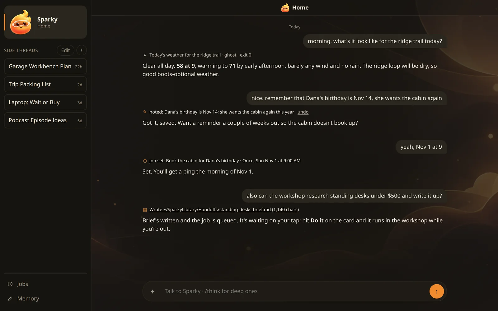 Sparky AI conversation with receipts for a weather check, saved memory, reminder, and a workshop brief